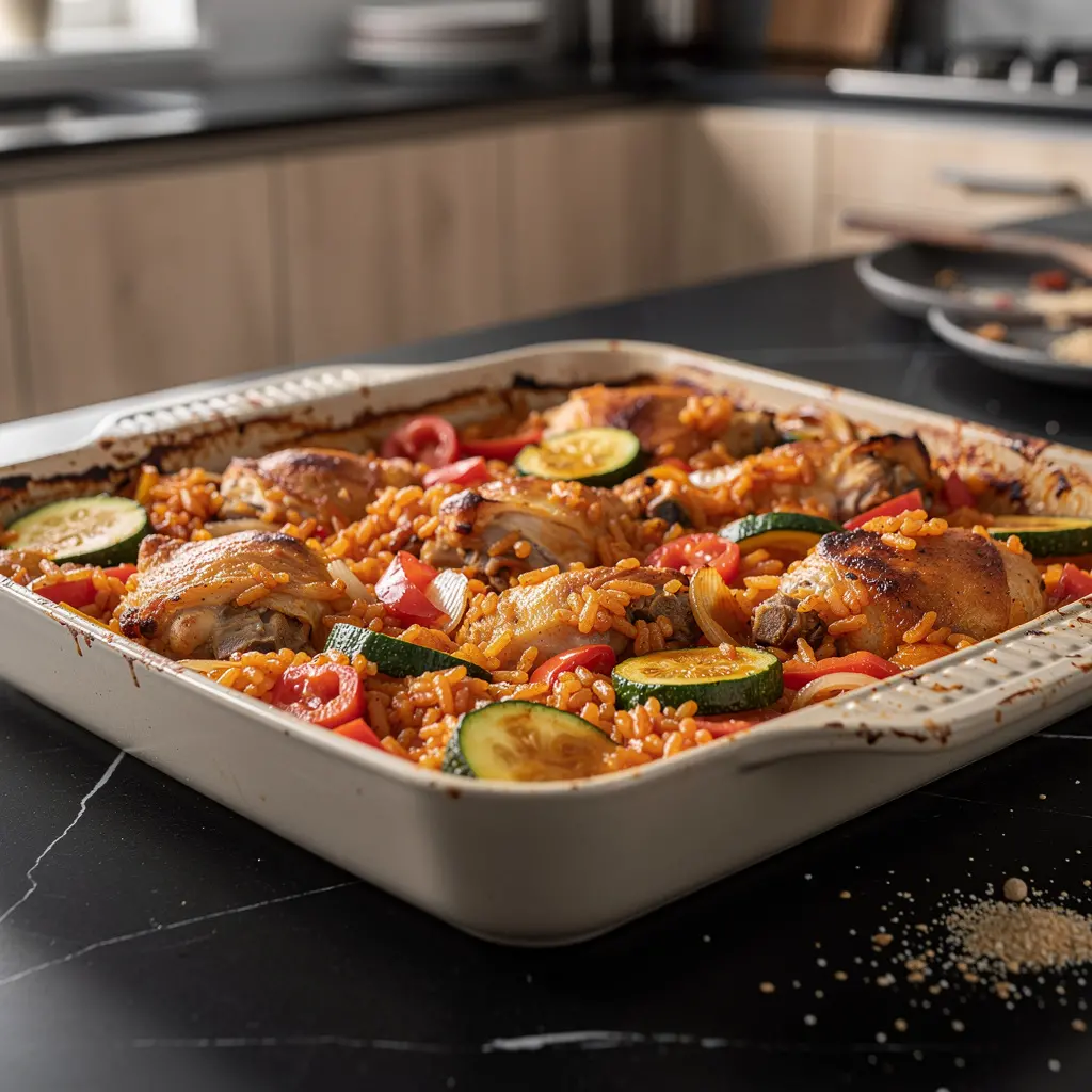 Hiszpańska zapiekanka z ryżu, kurczaka i warzyw