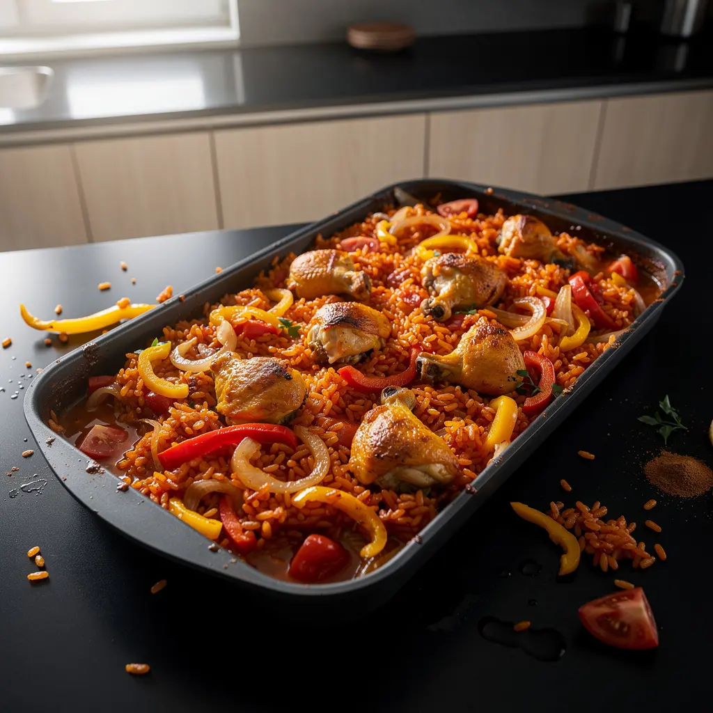 Hiszpańska zapiekanka z ryżu, papryki i kurczaka