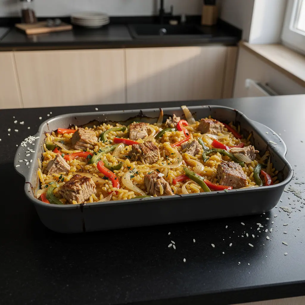 Hiszpańska zapiekanka z ryżu, papryki i tuńczyka