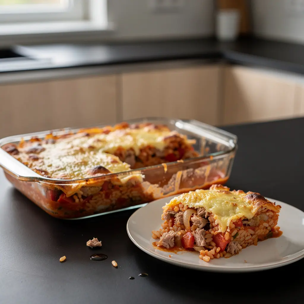 Hiszpańska zapiekanka z ryżu, pomidorów i tuńczyka