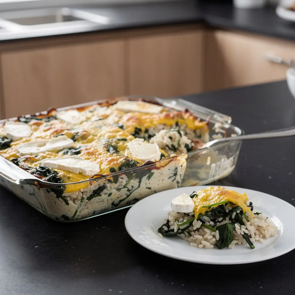 Hiszpańska zapiekanka z ryżu, szpinaku i sera koziego