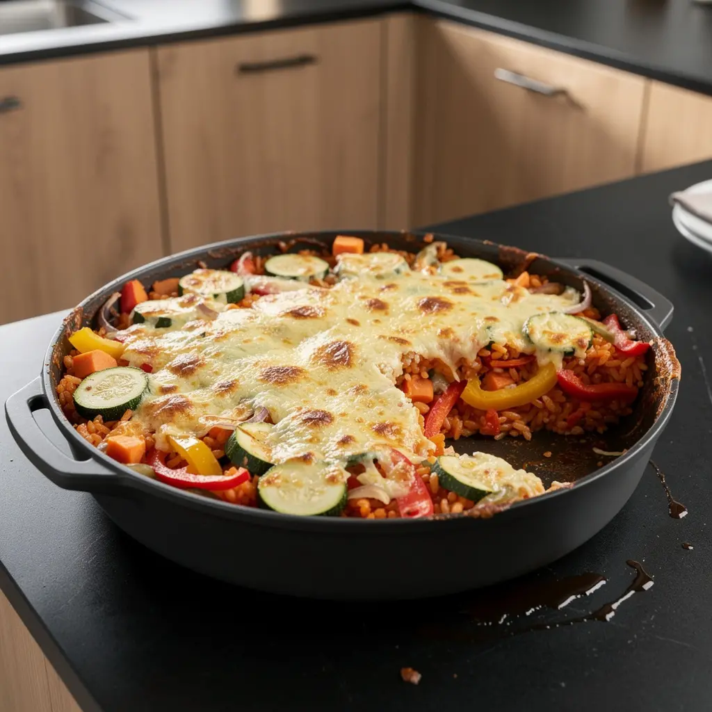 Hiszpańska zapiekanka z ryżu, warzyw i sera manchego