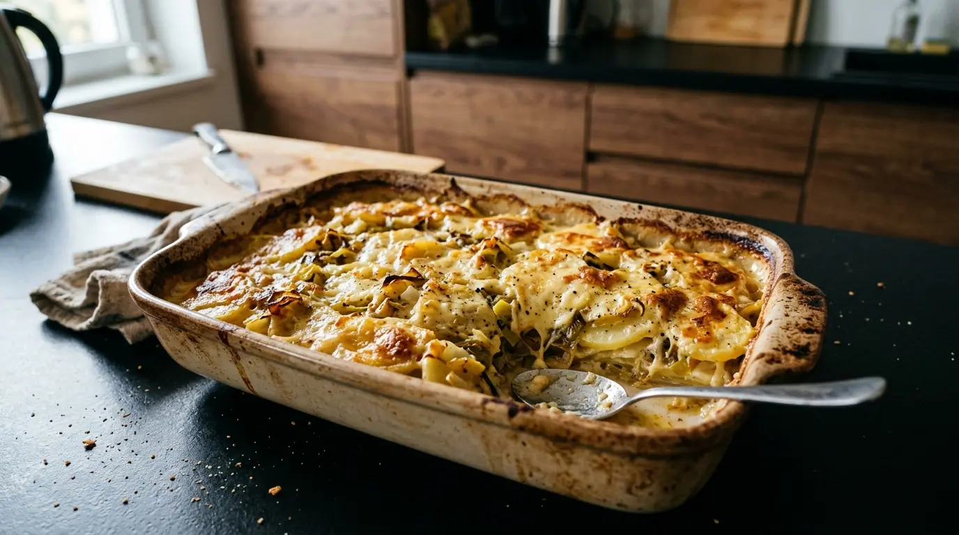Hiszpańska zapiekanka z ziemniaków, pora i sera manchego