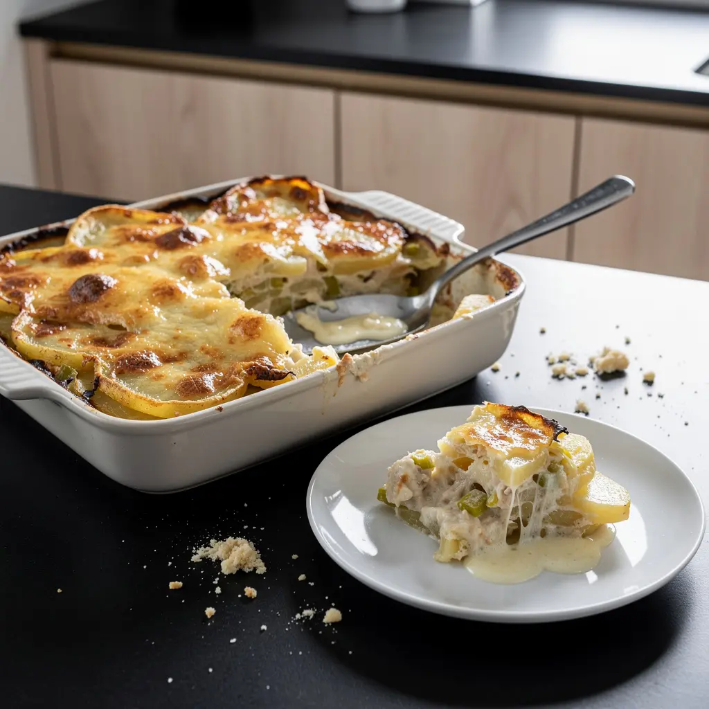 Hiszpańska zapiekanka z ziemniaków, pora i sera manchego