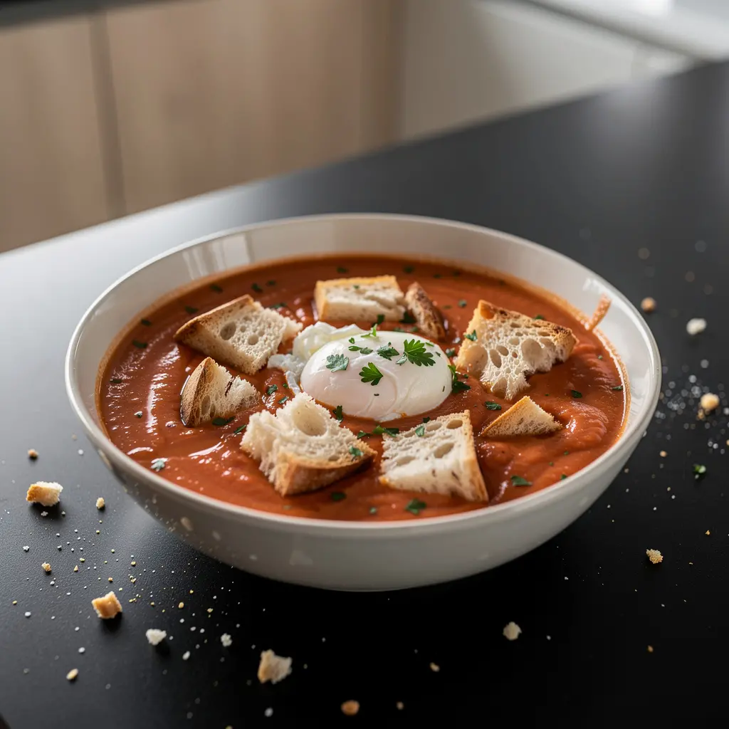 Spanish Tomato Soup with Bread and Egg