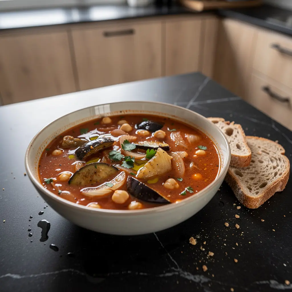Spanische Kichererbsensuppe mit Aubergine