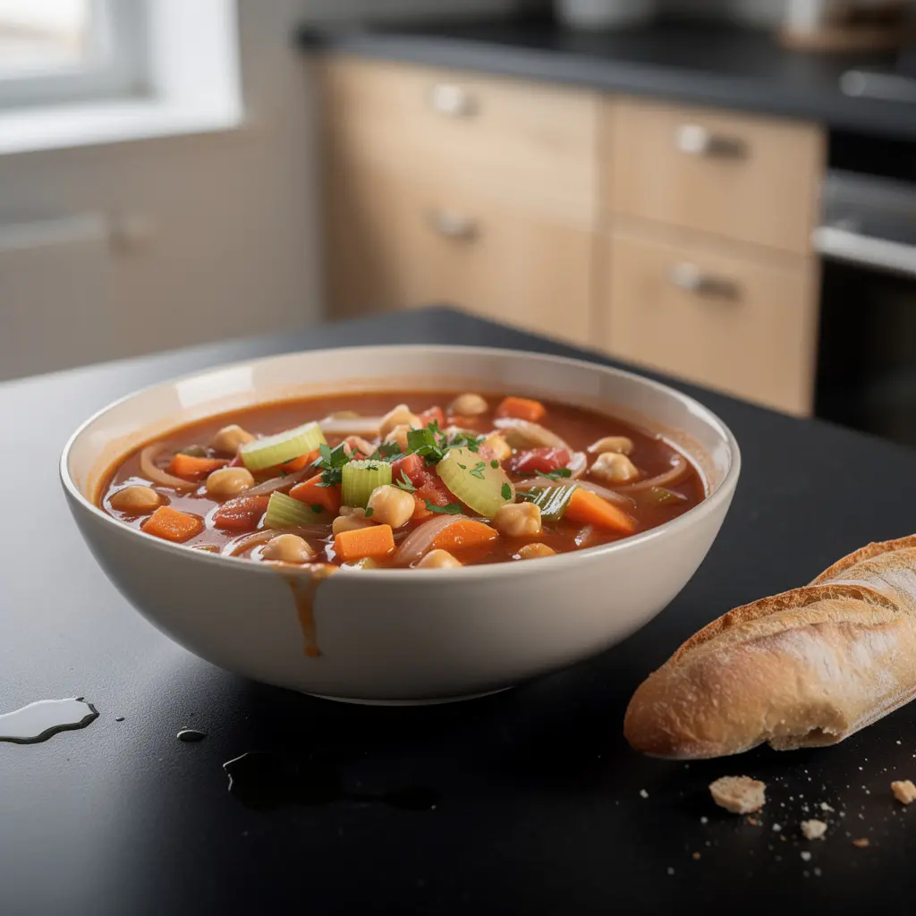 Spanische Suppe aus Kichererbsen und Gemüse mit Tomaten