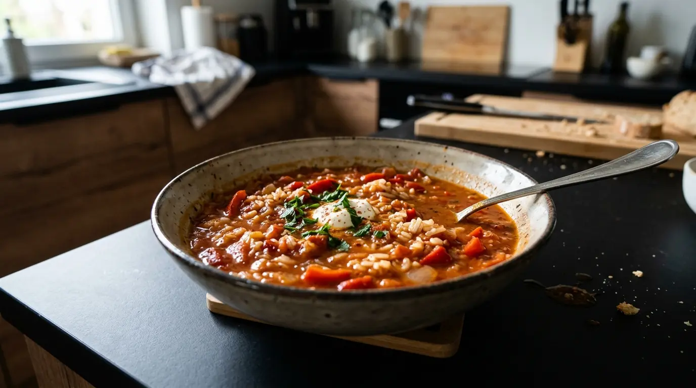 Sopa española de pimiento rojo, tomates y arroz