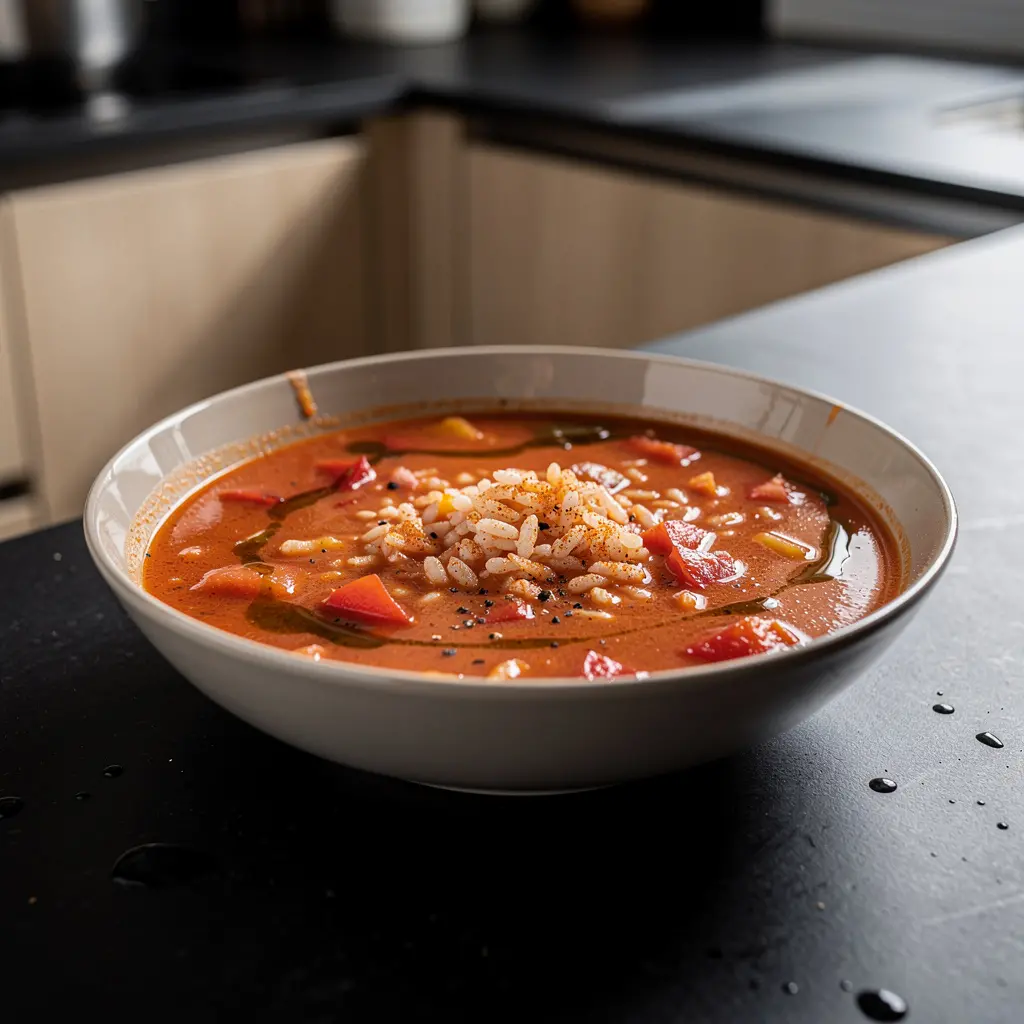 Hiszpańska zupa z czerwonej papryki, pomidorów i ryżu