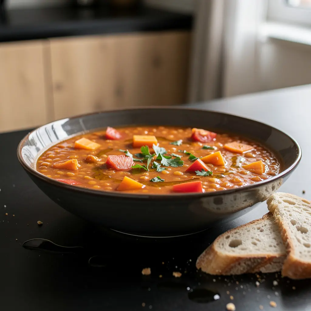 Sopa española de lentejas rojas con pimiento y comino
