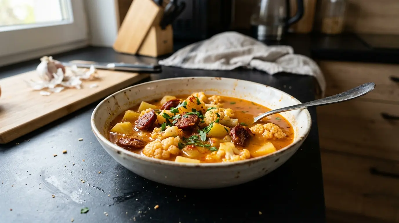 Spanische Suppe mit Blumenkohl, Kartoffeln und Chorizo