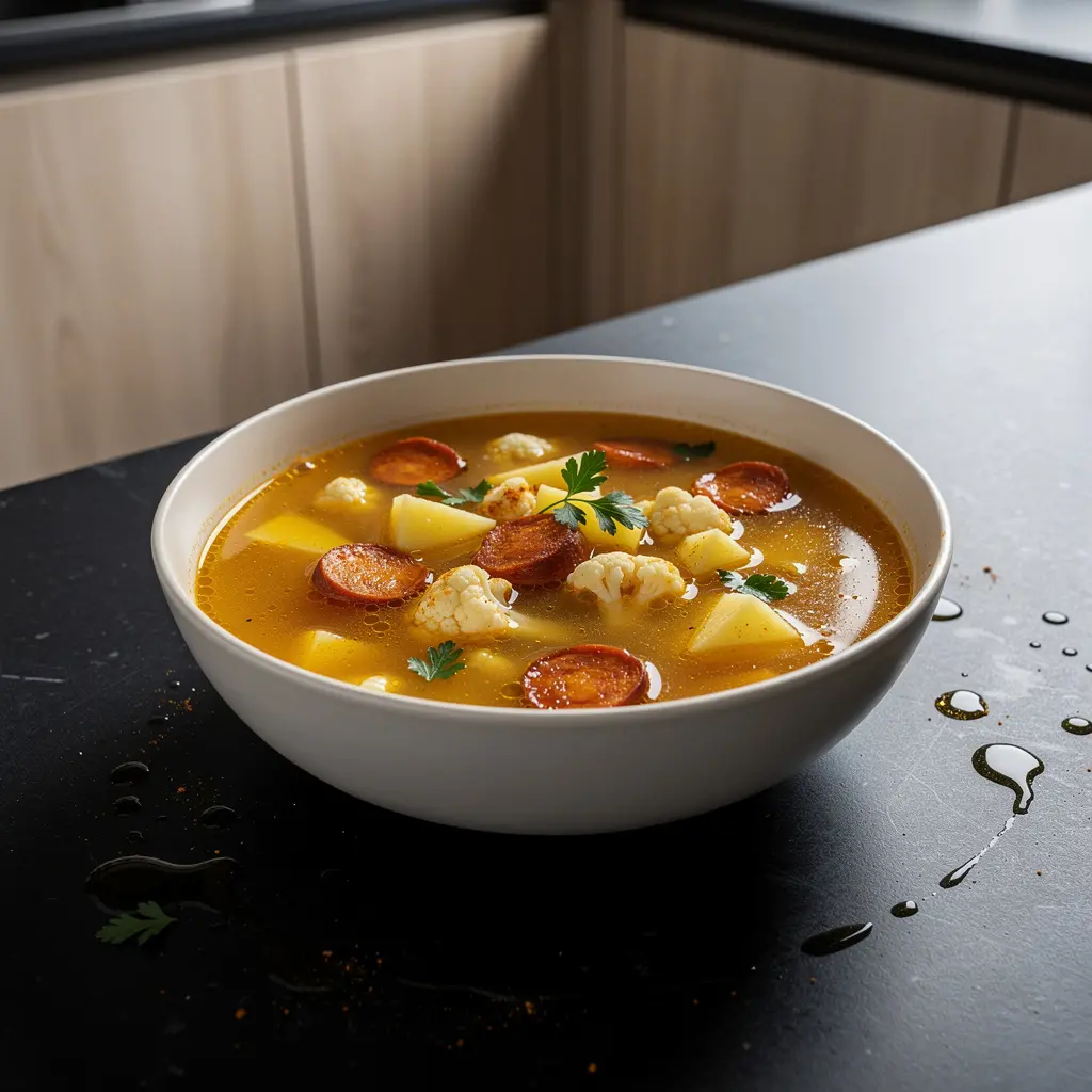 Hiszpańska zupa z kalafiora, ziemniaków i chorizo