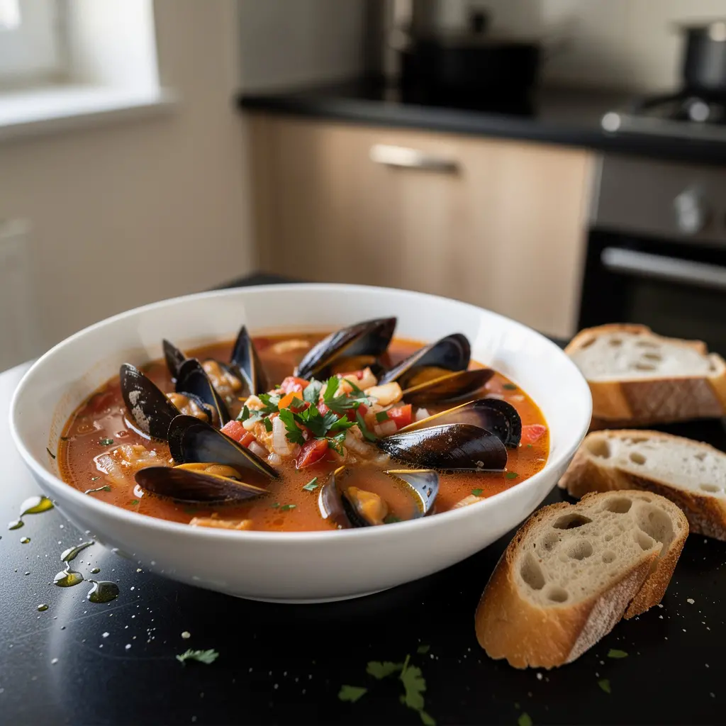 Hiszpańska zupa z małży i pomidorów z czosnkiem