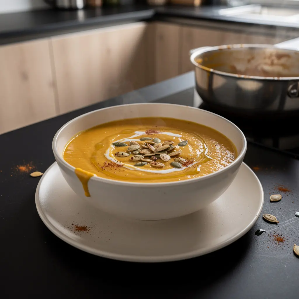 Spanische Suppe aus geröstetem Kürbis mit geräucherter Paprika