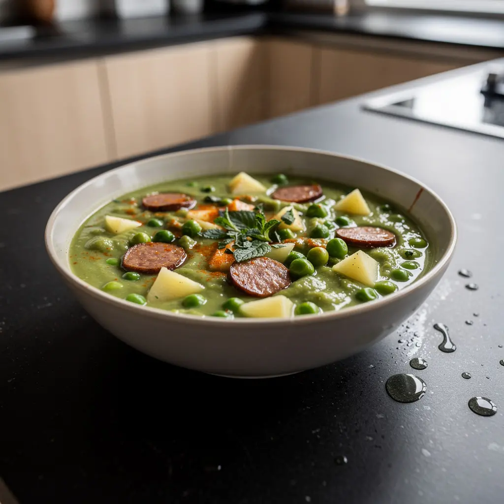 Hiszpańska zupa z zielonego groszku z chorizo i miętą