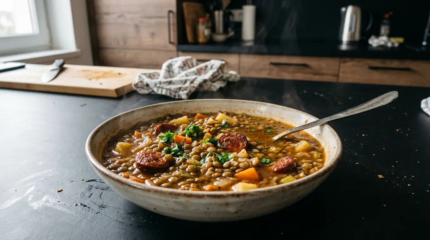 Hiszpańska zupa z zielonej soczewicy z chorizo i warzywami