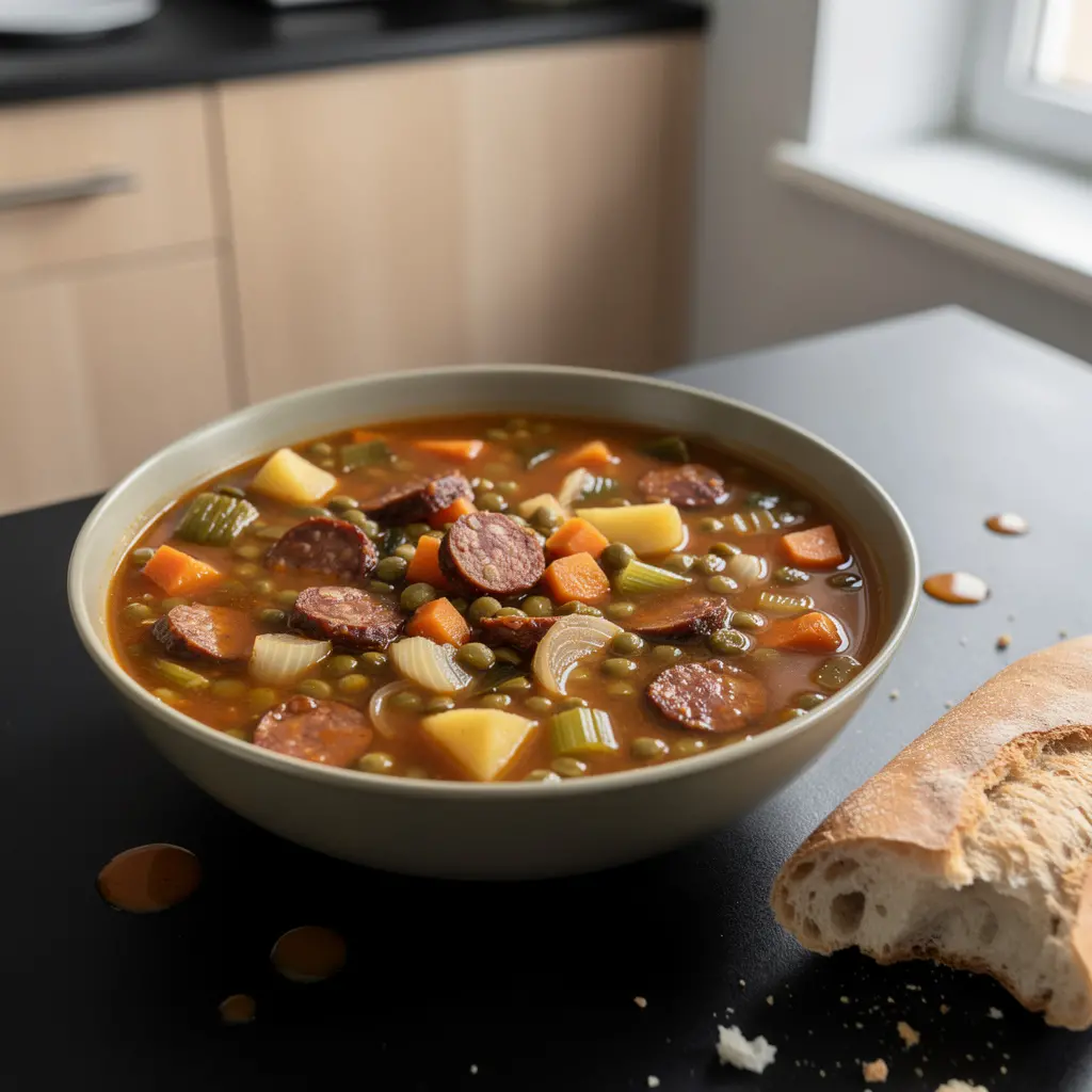 Hiszpańska zupa z zielonej soczewicy z chorizo i warzywami