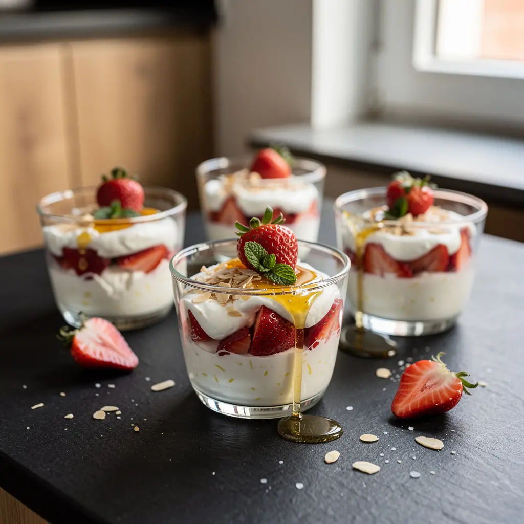 Spanish Dessert with Yogurt, Honey and Fresh Strawberries