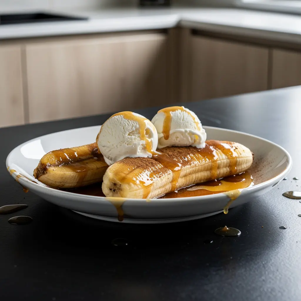 Hiszpański deser z karmelizowanego banana z rumem i cynamonem