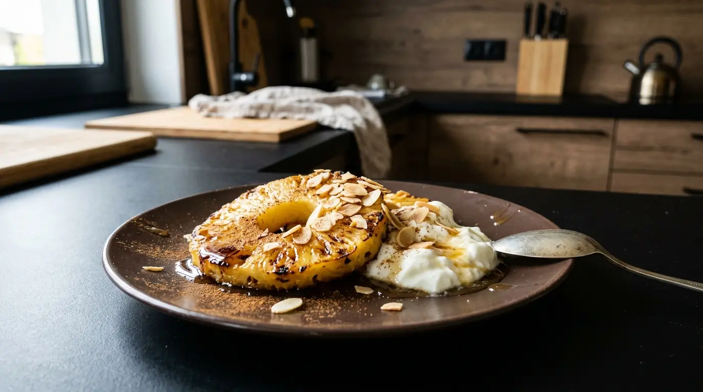 Spanisches Dessert aus gebackener Ananas mit Honig und Mandeln