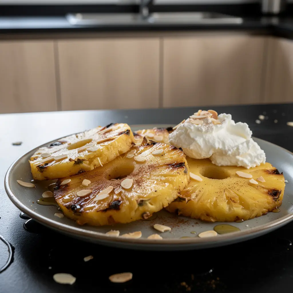 Hiszpański deser z pieczonego ananasa z miodem i migdałami