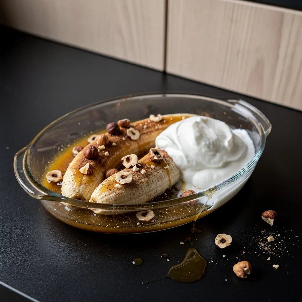 Hiszpański deser z pieczonego banana z miodem i orzechami laskowymi
