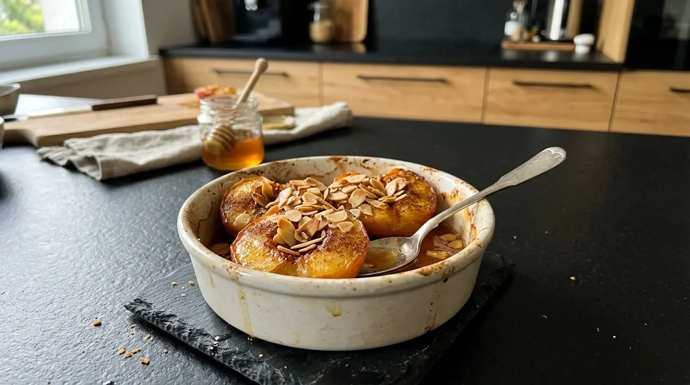 Spanisches Dessert aus gebackenen Pfirsichen mit Honig und Mandeln