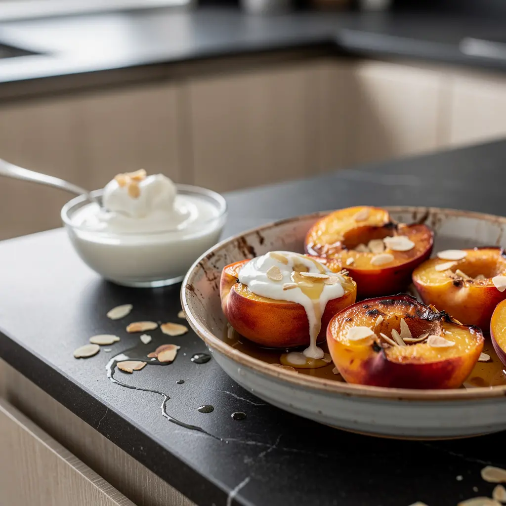 Spanisches Dessert aus gebackenen Nektarinen mit Honig und Mandeln