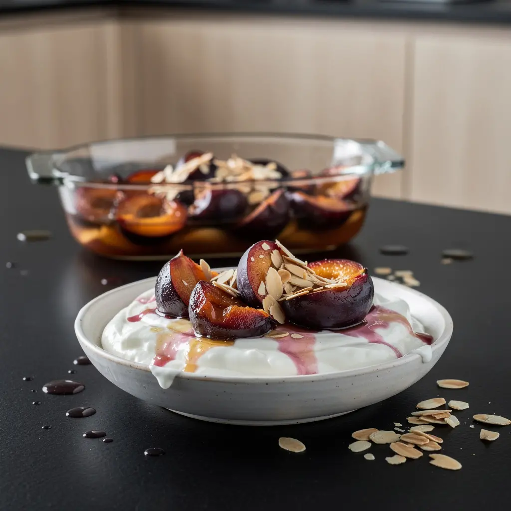 Hiszpański deser z pieczonych śliwek z miodem, cynamonem i jogurtem