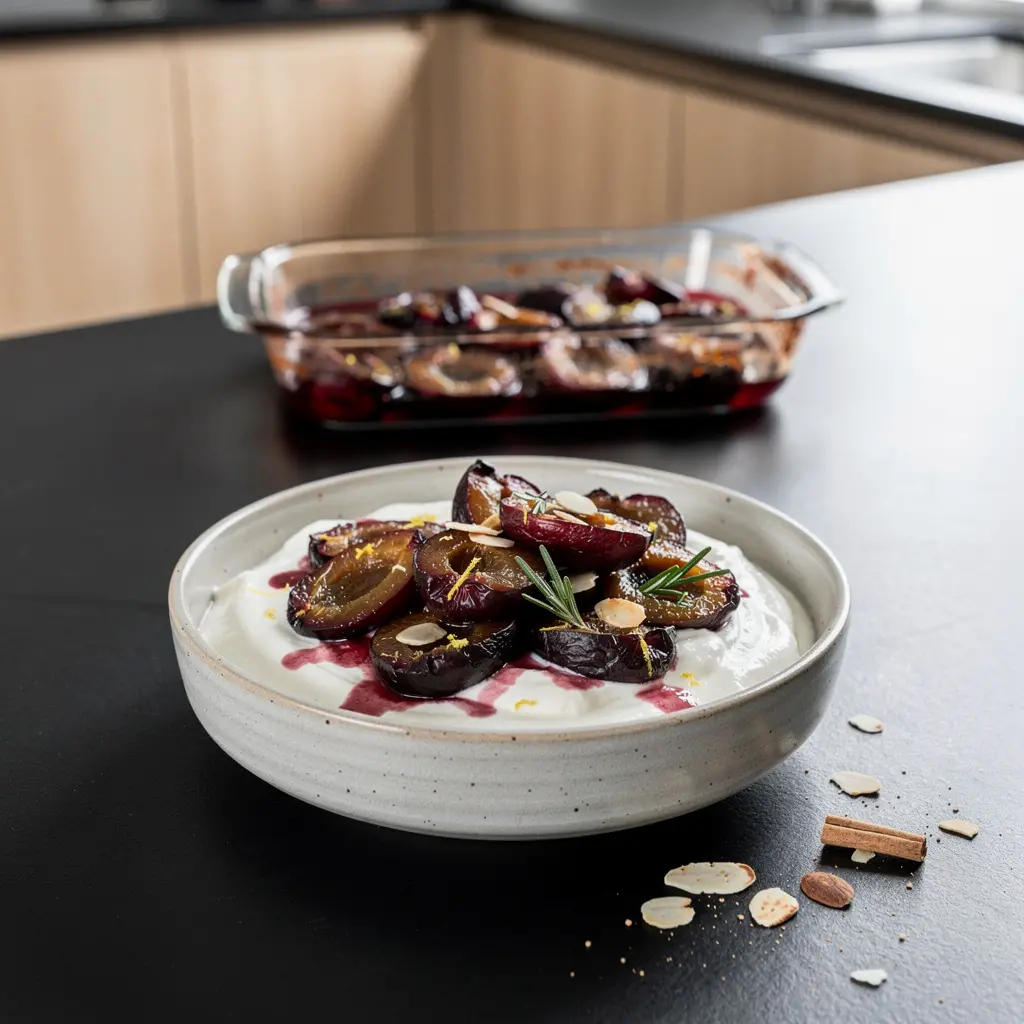 Spanisches Dessert aus gerösteten Pflaumen mit Honig und Rosmarin