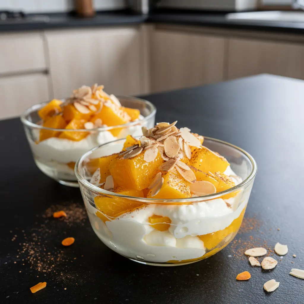 Postre español de naranja, miel y almendras con yogur