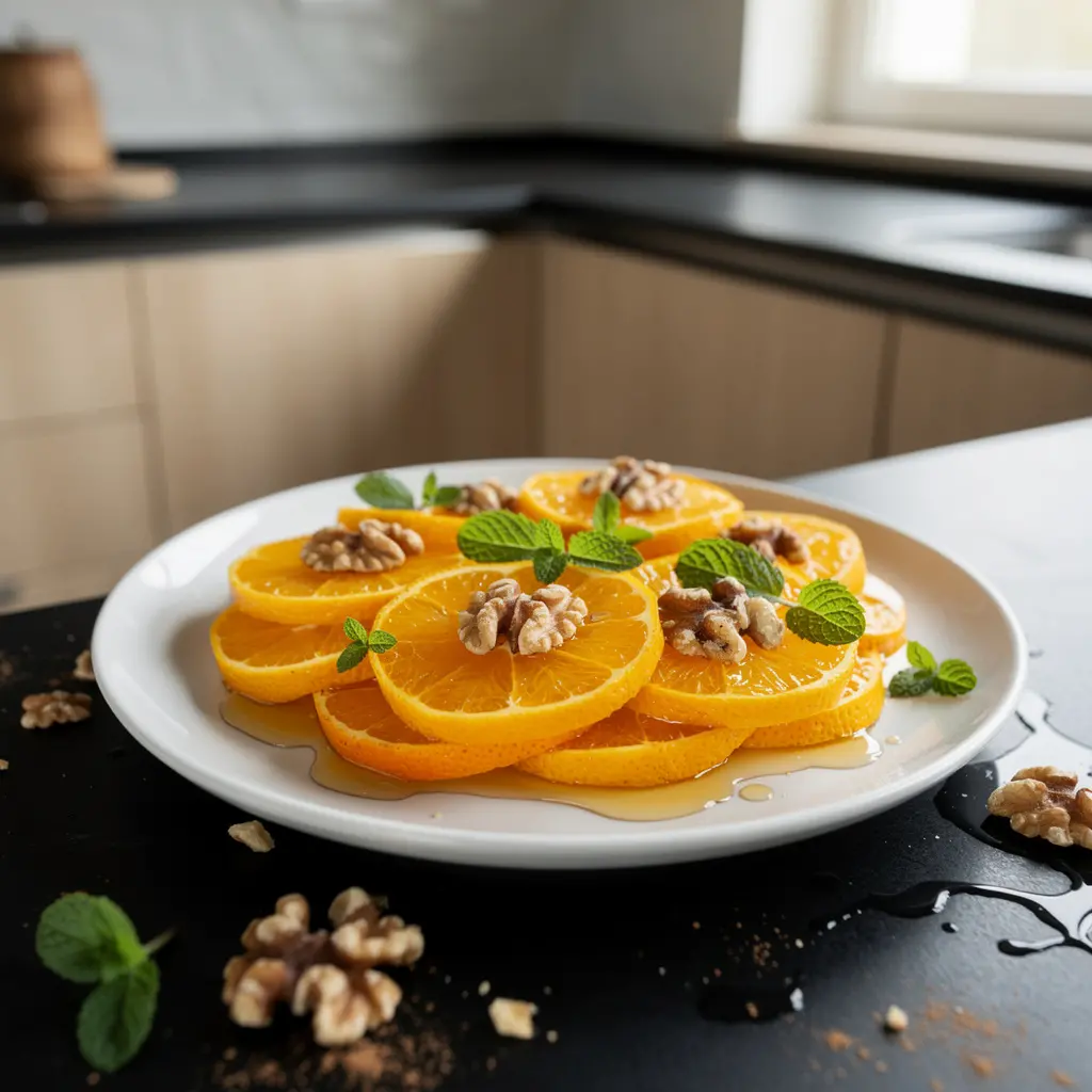 Hiszpański deser z pomarańczy, miodu i orzechów włoskich