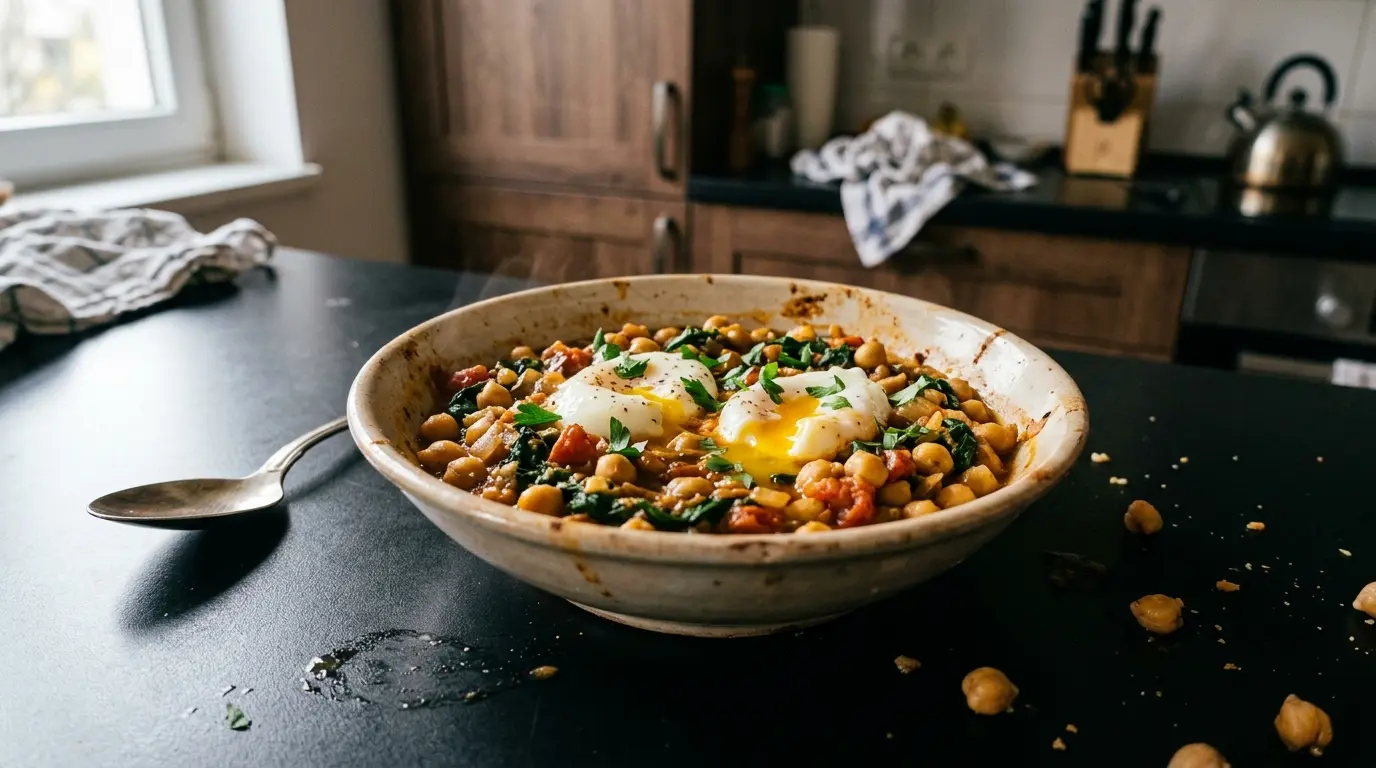 Guiso español de garbanzos y espinacas con huevo