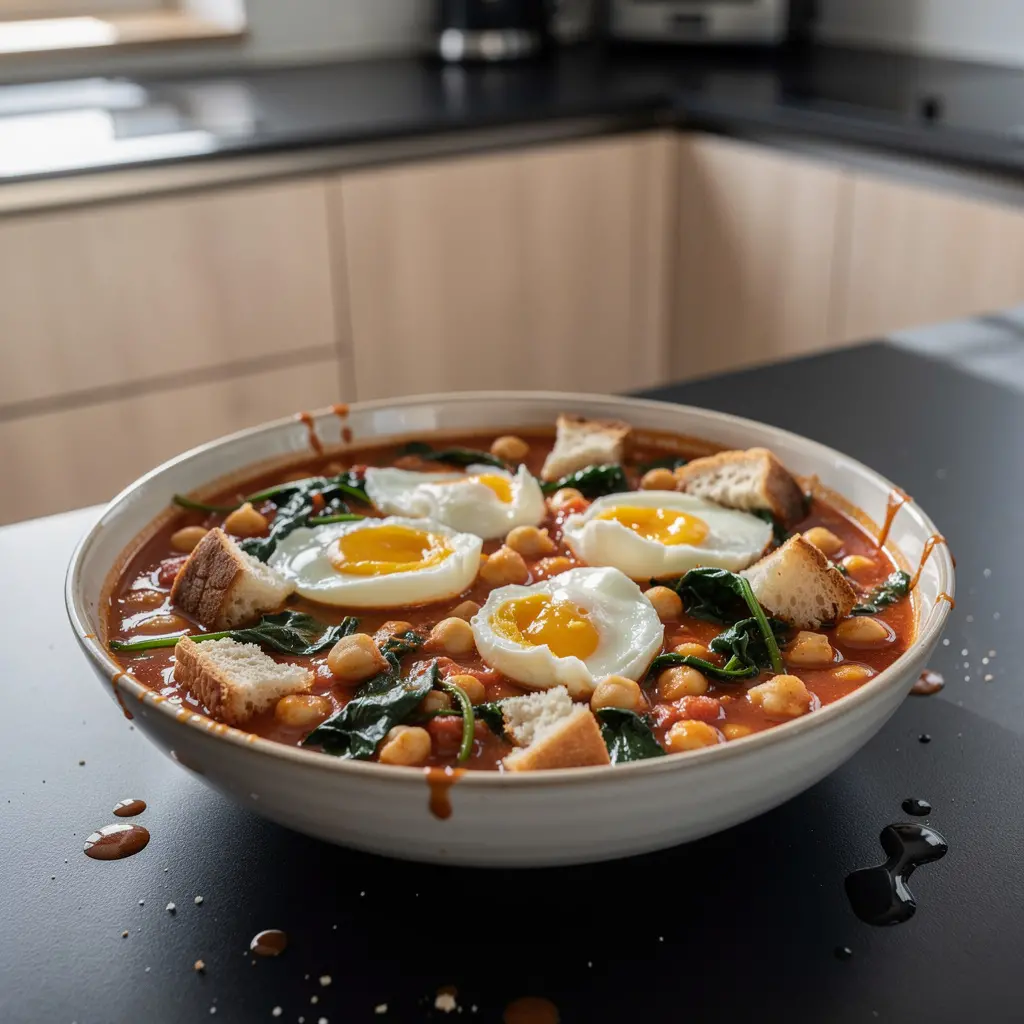 Spanischer Kichererbsen-Spinat-Eintopf mit Ei