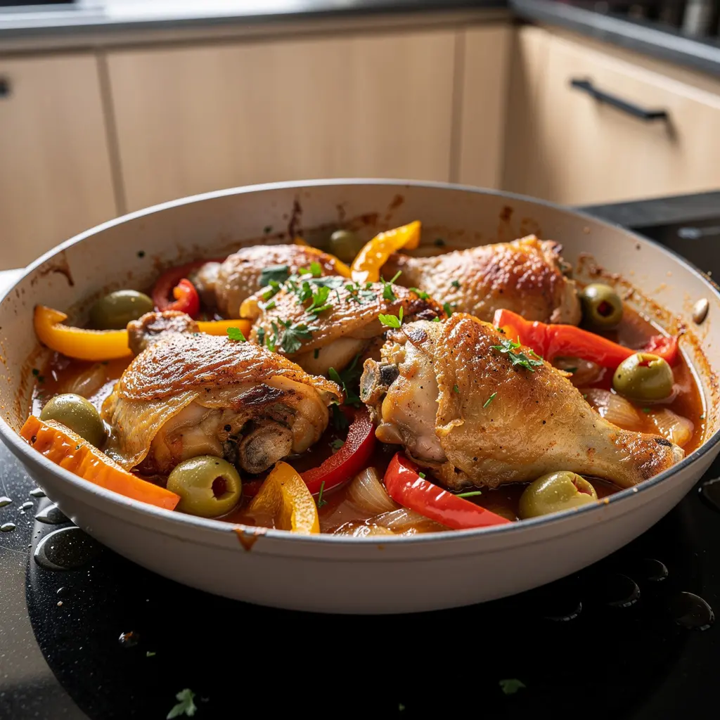 Hiszpański gulasz z kurczaka z oliwkami i papryką