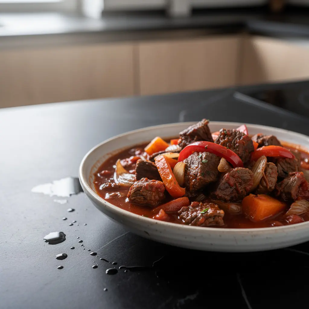 Goulash espagnol de bœuf au vin rouge et au poivron