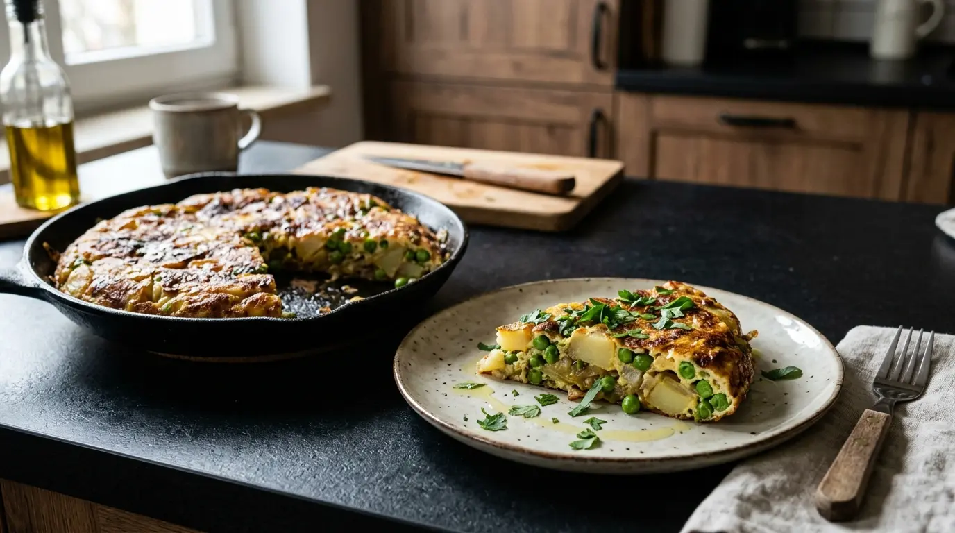 Hiszpański omlet z ziemniakami, cebulą i zielonym groszkiem