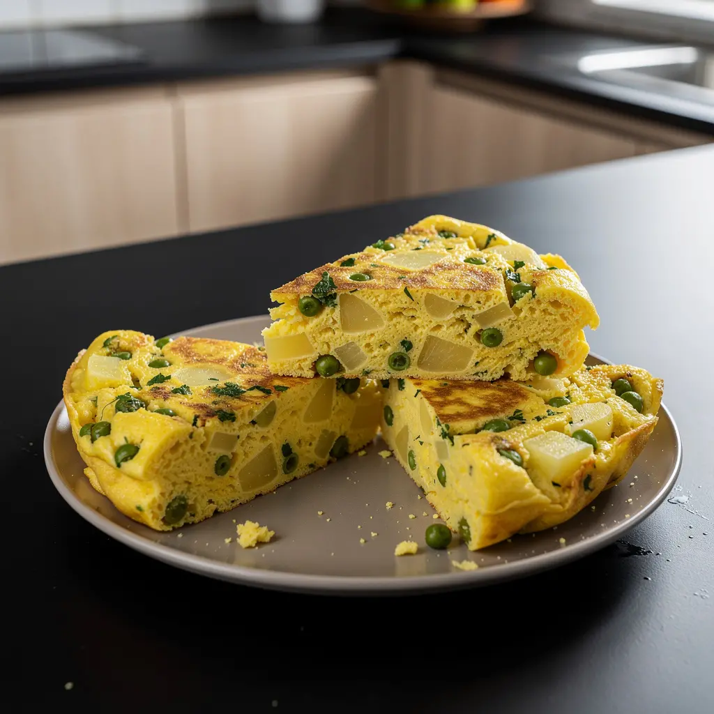 Spanish omelette with potatoes, onion and green peas
