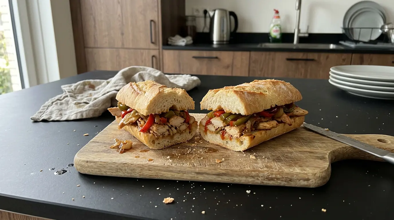 Hiszpańskie kanapki bocadillo z pieczonym kurczakiem i papryką