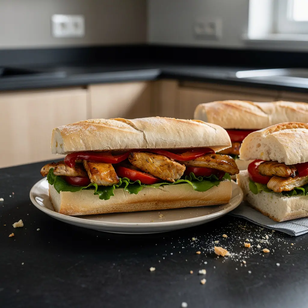 Hiszpańskie kanapki bocadillo z pieczonym kurczakiem i papryką