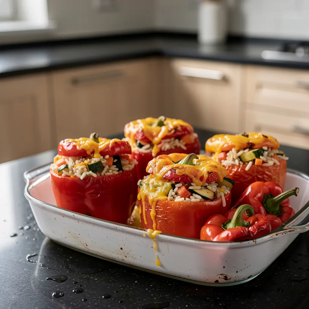Hiszpańskie pieczone papryki faszerowane ryżem i warzywami