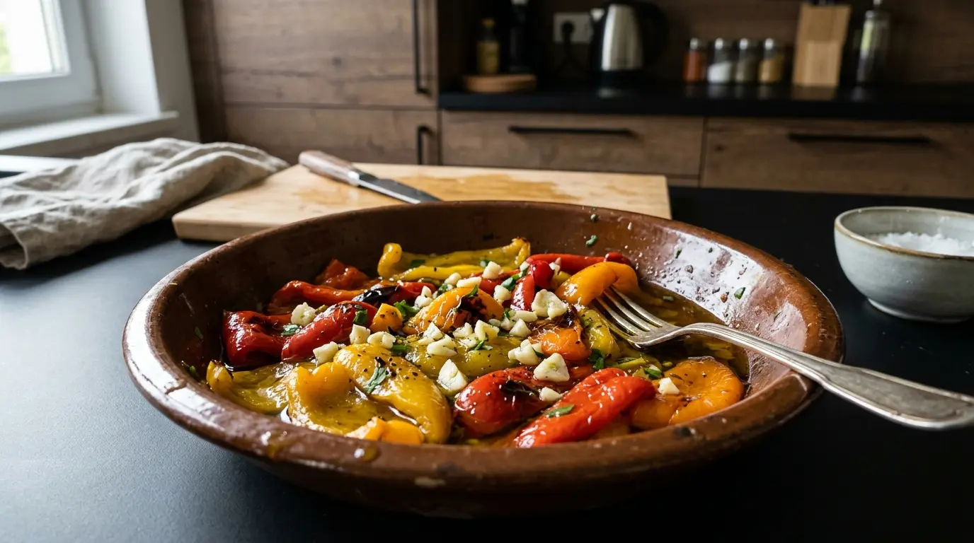 Pimientos asados al estilo español con aceite de oliva y ajo