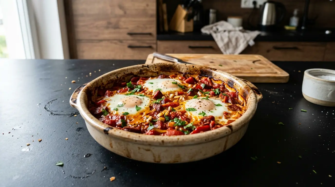 Hiszpańskie pieczone pomidory z jajkiem i chorizo