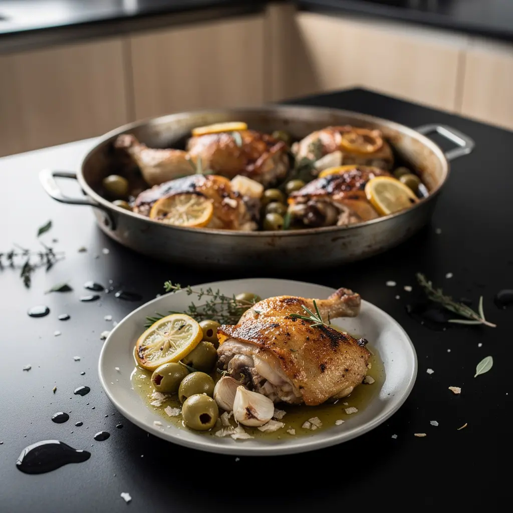 Hiszpańskie pieczone udka kurczaka z cytryną i zielonymi oliwkami