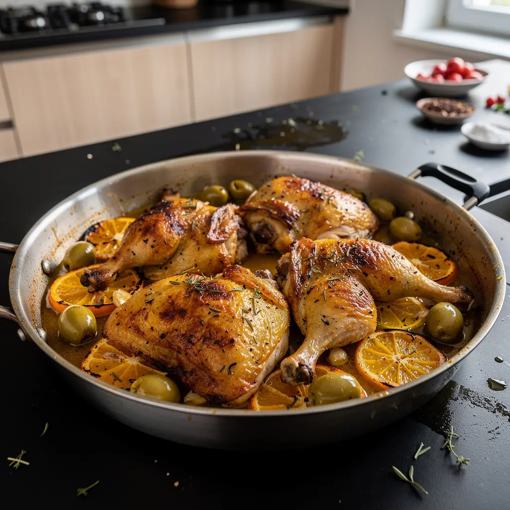 Hiszpańskie pieczone udka kurczaka z pomarańczą i oliwkami