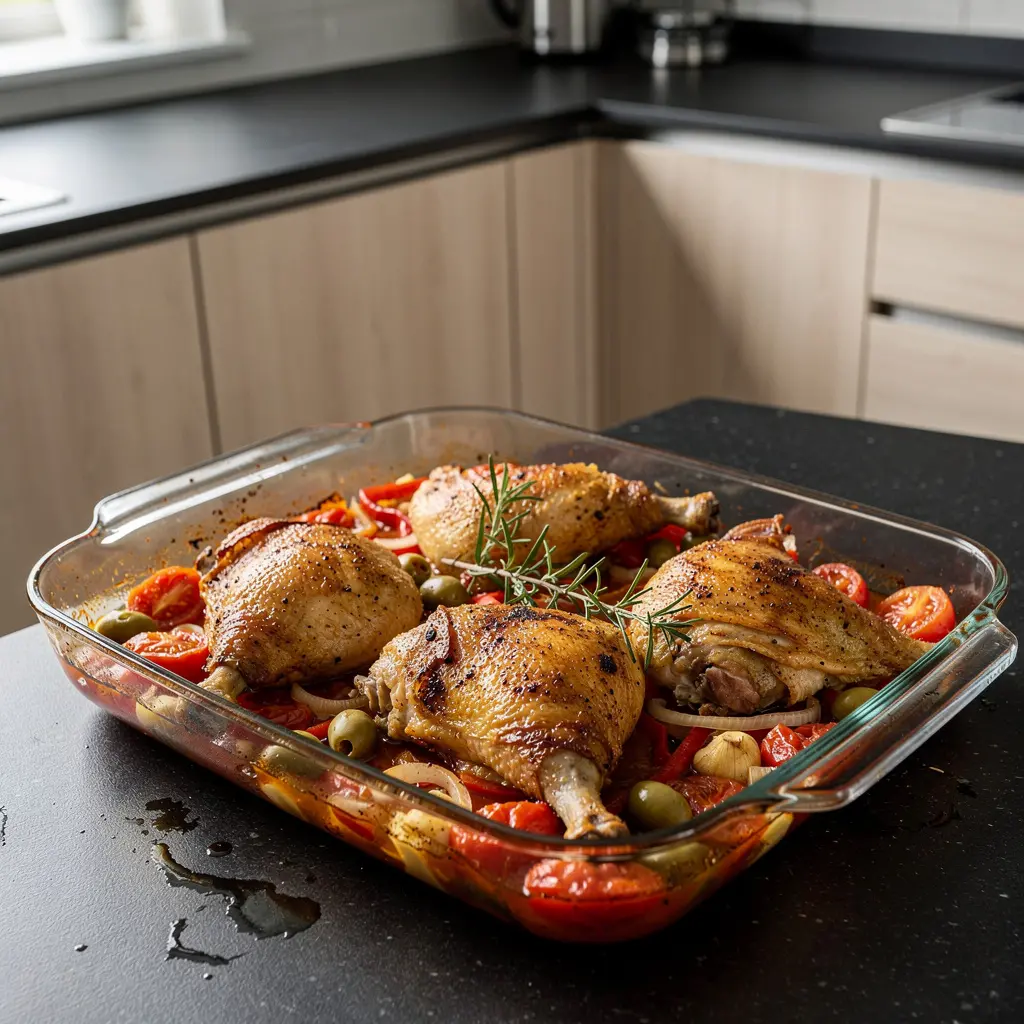 Hiszpańskie pieczone udka kurczaka z pomidorami i zielonymi oliwkami