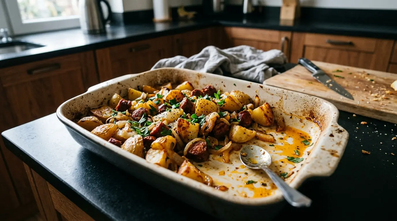 Hiszpańskie pieczone ziemniaki z chorizo i cebulą