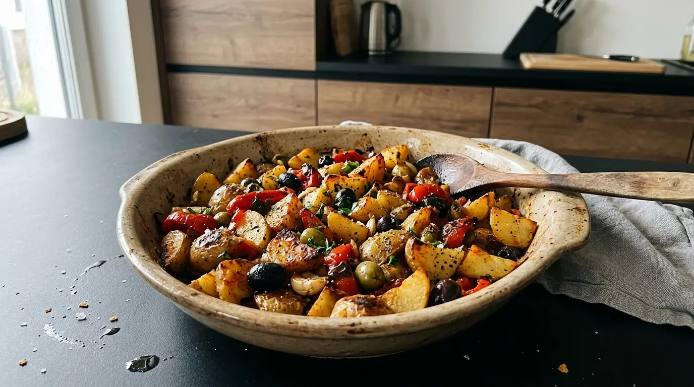 Hiszpańskie pieczone ziemniaki z papryką i oliwkami