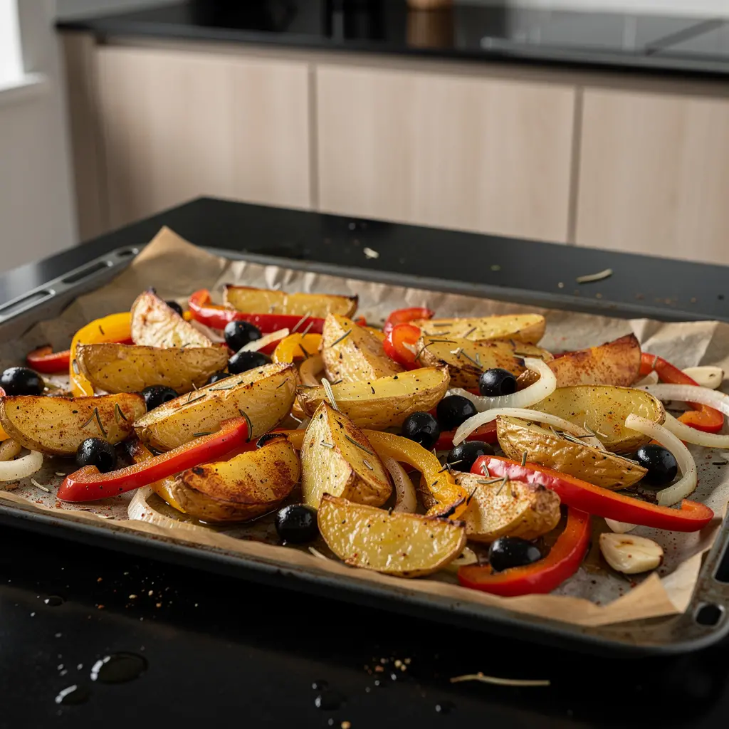 Hiszpańskie pieczone ziemniaki z papryką i oliwkami