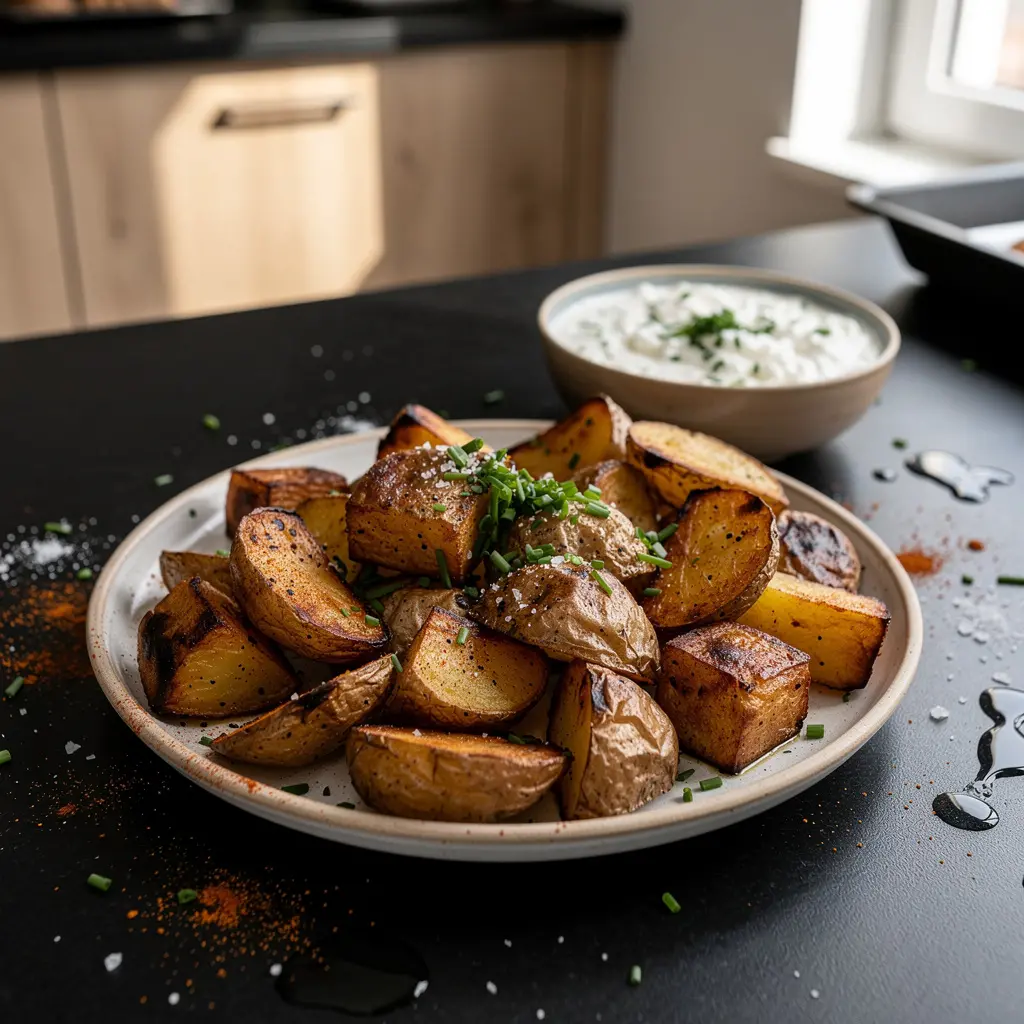 Hiszpańskie pieczone ziemniaki z sosem jogurtowo-czosnkowym